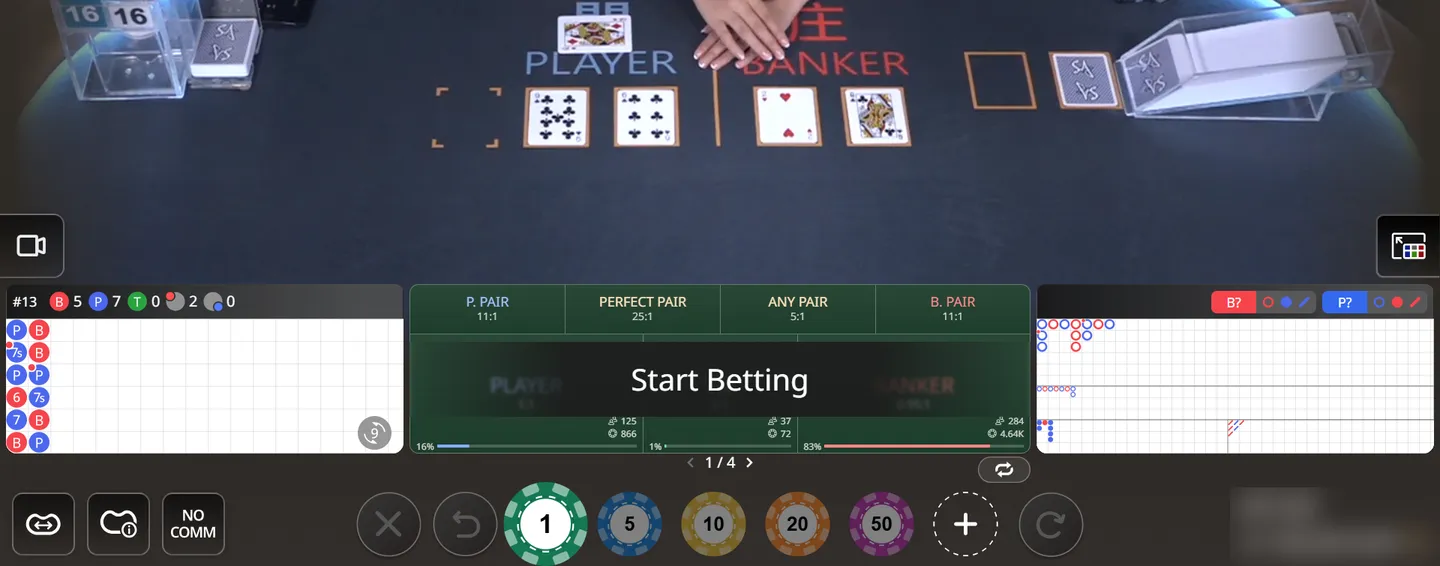 SA Gaming Baccarat C02 live table at 1xBet with Player and Banker hands dealt and the bead plate below