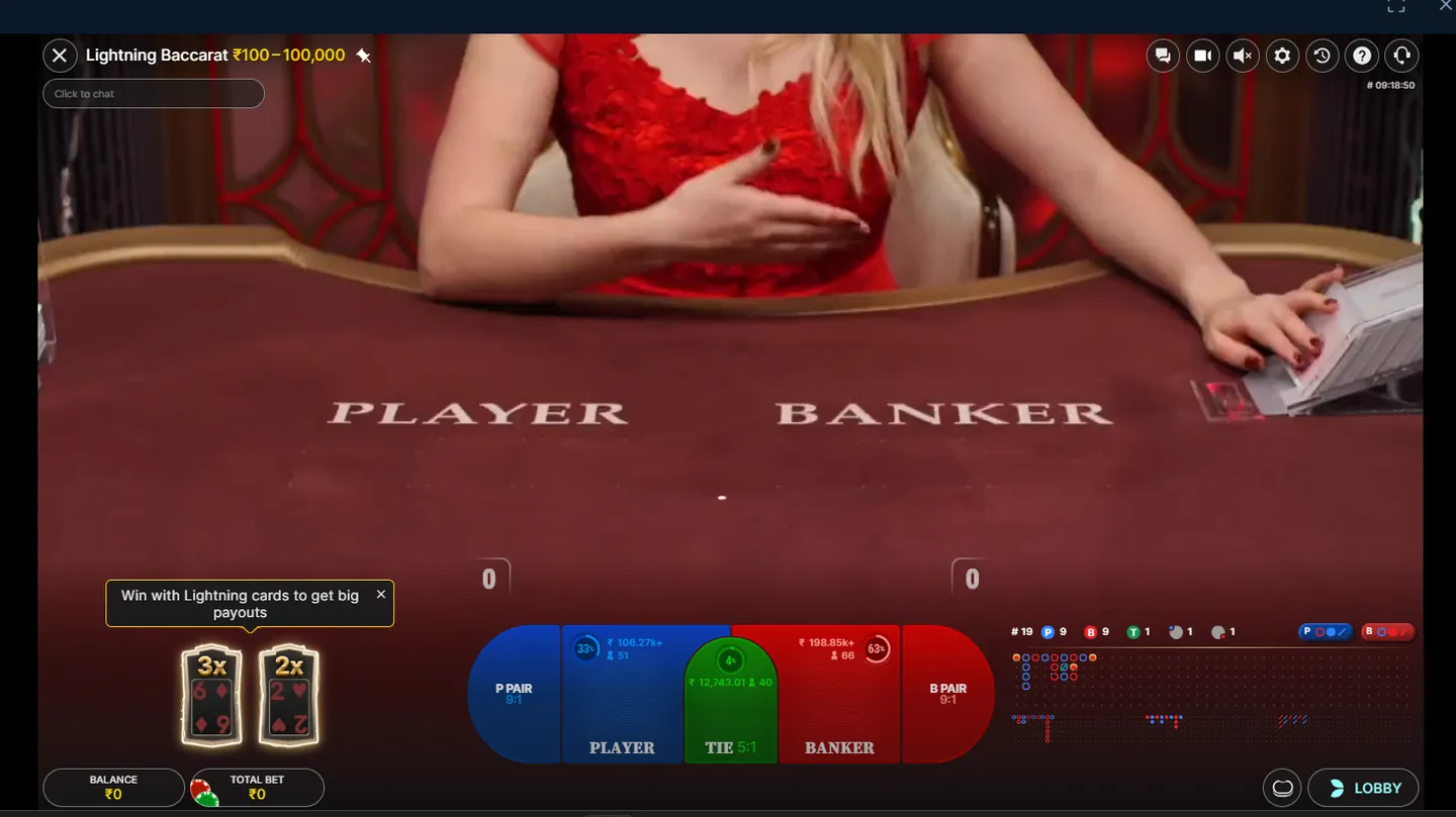 Evolution Lightning Baccarat live table at 4rabet with limits from ₹100 to ₹1,00,000 and lightning cards with 2x and 3x multipliers