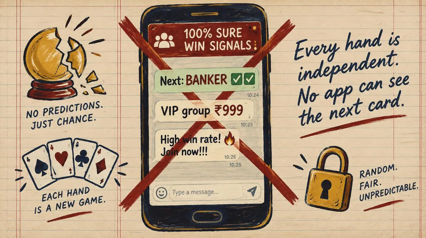 Illustration of a phone showing a fake '100% sure win signals' chat with 'Next: Banker' and 'VIP group ₹999', crossed out in red, with the note: every hand is independent, no app can see the next card