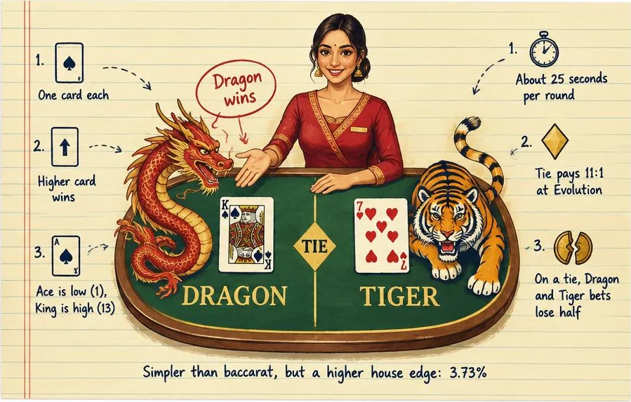 Illustration of a Dragon Tiger table: a dealer points at the King of spades on the Dragon side, which beats the 7 of hearts on the Tiger side. Notes around the table: one card each, the higher card wins, Ace is low (1) and King is high (13), about 25 seconds per round, Tie pays 11:1 at Evolution, on a tie Dragon and Tiger bets lose half, and the house edge is 3.73%.
