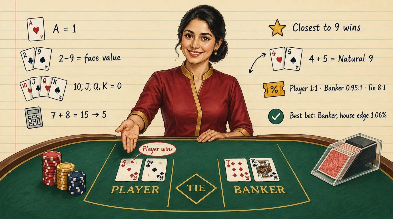 Illustrated baccarat rules: a croupier points at Player's 4 and 5, a natural 9, beating Banker's 7 and King. Notes around her: Ace equals 1, 2 to 9 count at face value, 10, Jack, Queen and King equal 0, 7 plus 8 equals 15 which counts as 5, the hand closest to 9 wins, Player pays 1 to 1, Banker 0.95 to 1, Tie 8 to 1, and the best bet is Banker with a 1.06% house edge.