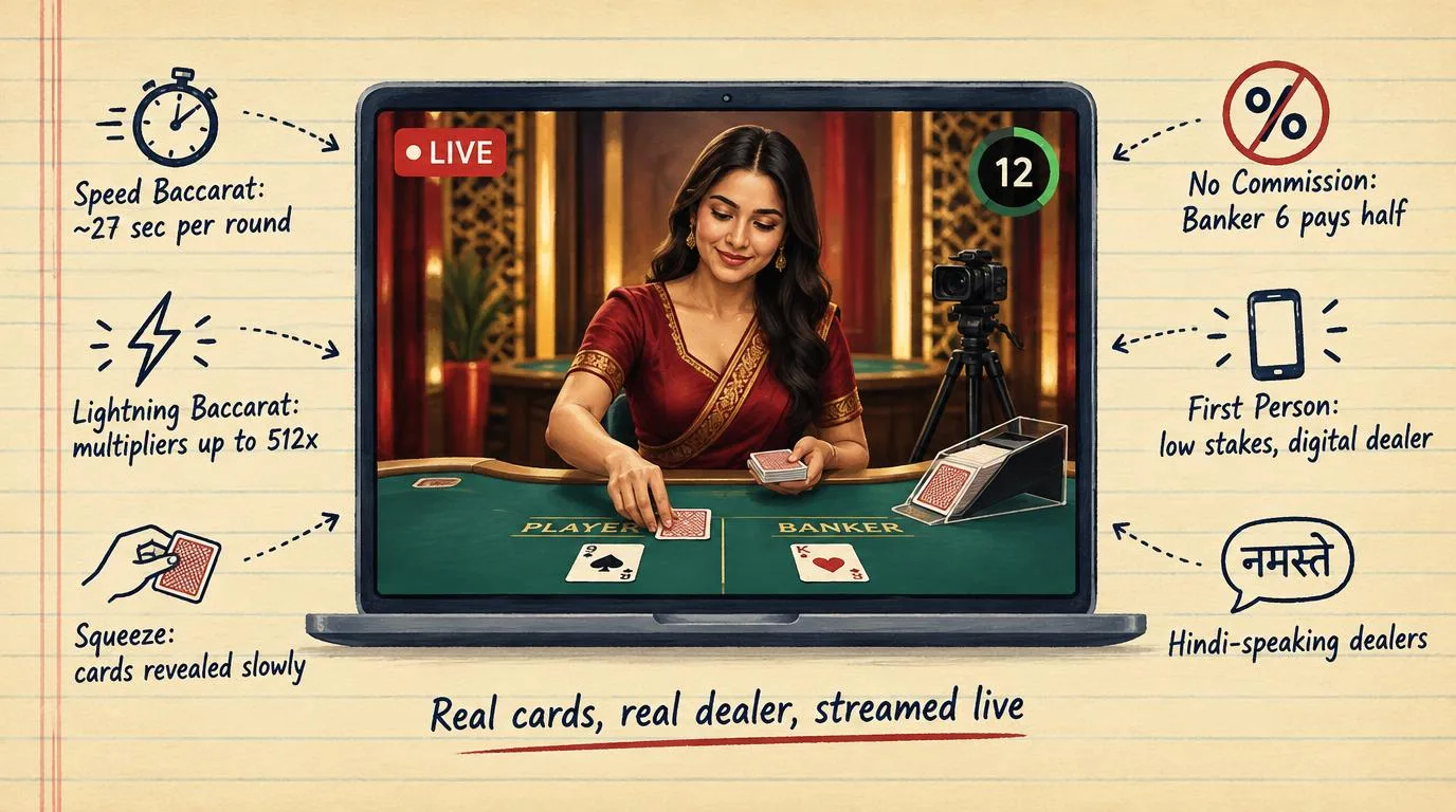 Illustration of a live baccarat stream on a laptop: a dealer deals cards at a green table with a LIVE badge and a 12-second betting timer. Notes around the screen: Speed Baccarat about 27 seconds per round, Lightning Baccarat multipliers up to 512x, Squeeze cards revealed slowly, No Commission Banker 6 pays half, First Person low stakes with a digital dealer, Hindi-speaking dealers.