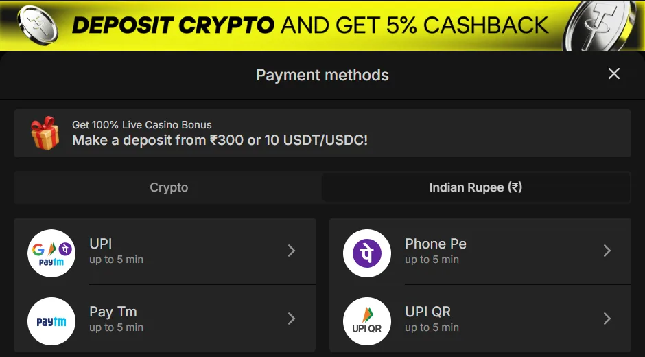 Parimatch payment methods in Indian rupees: UPI, PhonePe, Paytm and UPI QR, each showing up to 5 minutes