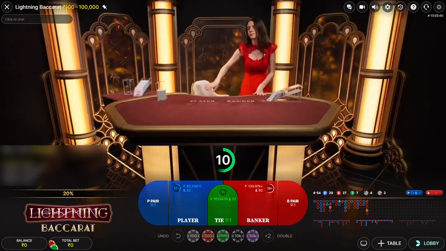 Evolution Lightning Baccarat live table at Parimatch with limits from ₹100 to ₹1,00,000, Tie paying 5:1 and pairs 9:1