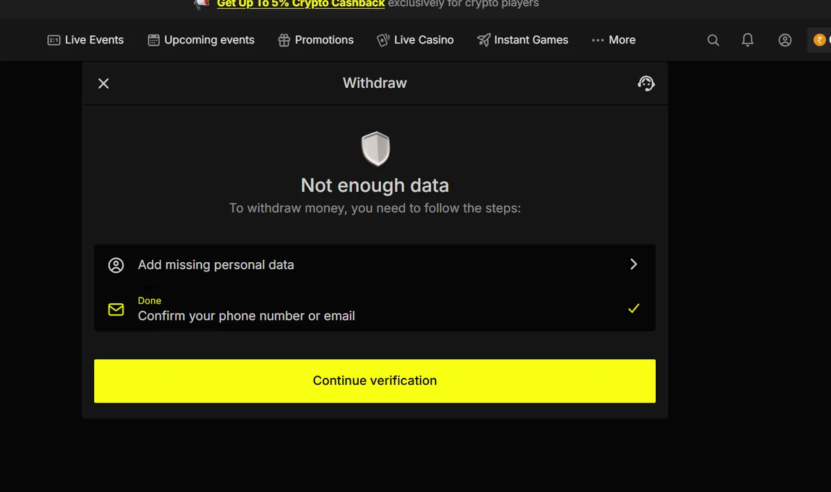 Parimatch withdrawal screen asking the player to add missing personal data and confirm a phone number or email before withdrawing