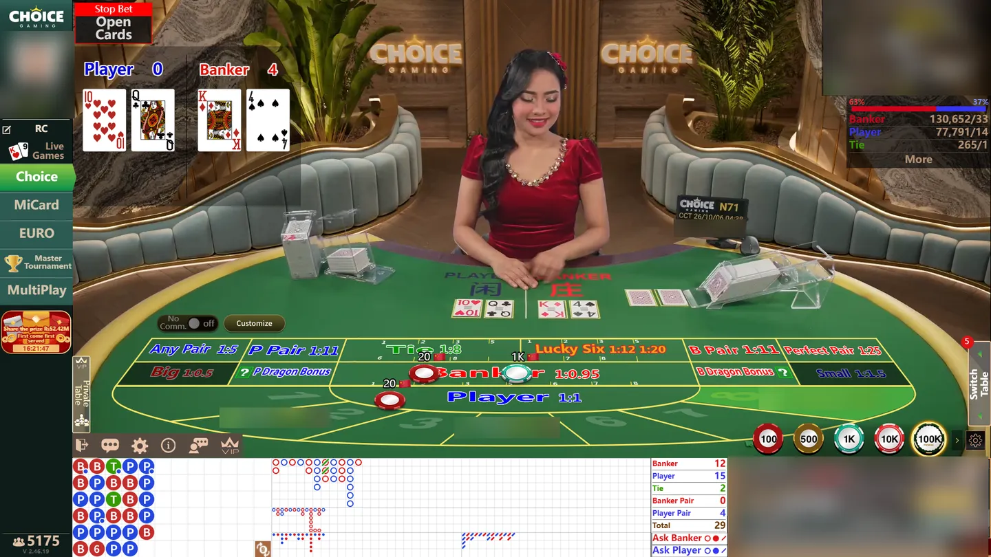 Speed Baccarat N71 live table by Choice Gaming with the cards shown on screen, Player 0 against Banker 4, and side bets such as Lucky Six and Dragon Bonus