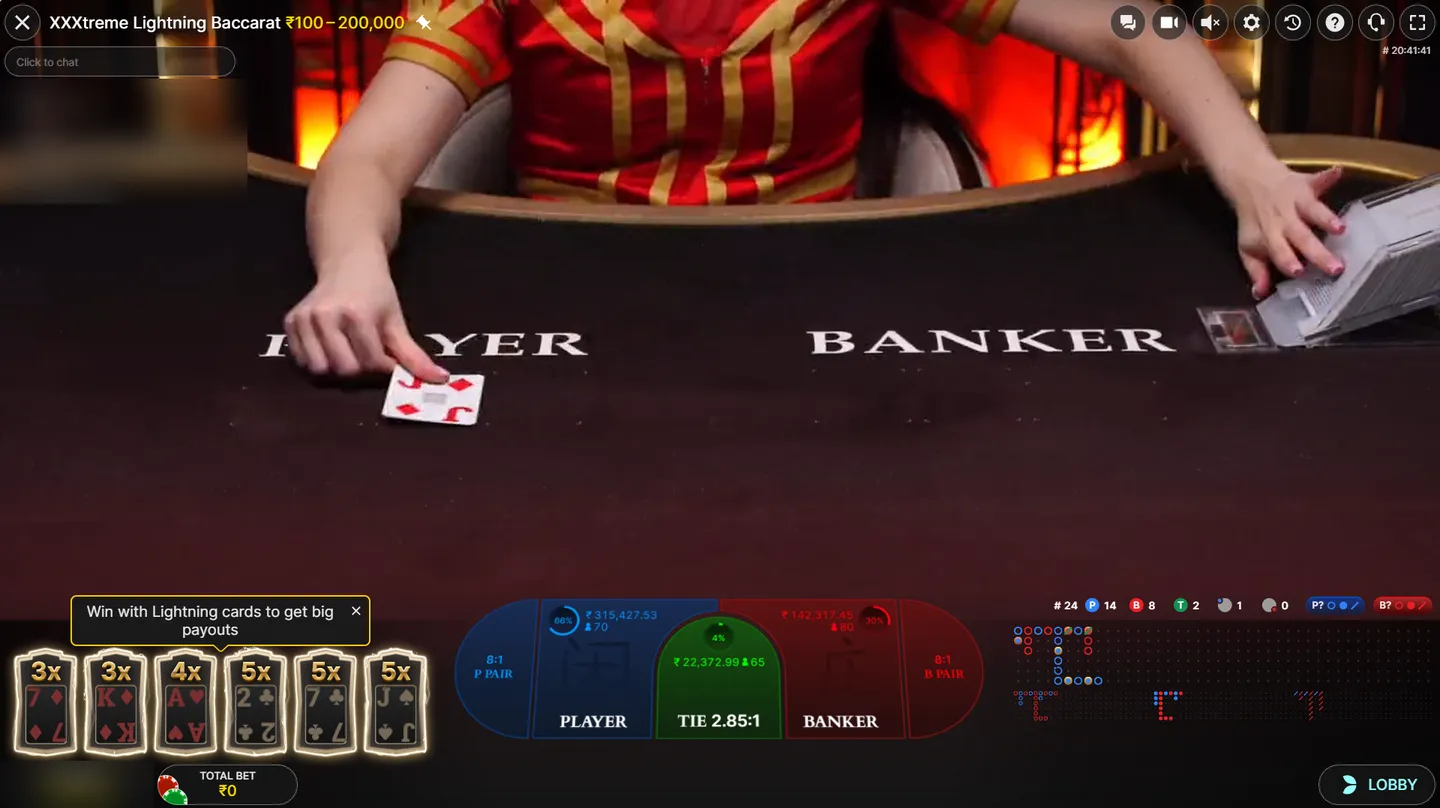 XXXtreme Lightning Baccarat live table with limits from ₹100 to ₹2,00,000 and six Lightning Cards drawn for the round with 3x, 3x, 4x, 5x, 5x and 5x multipliers